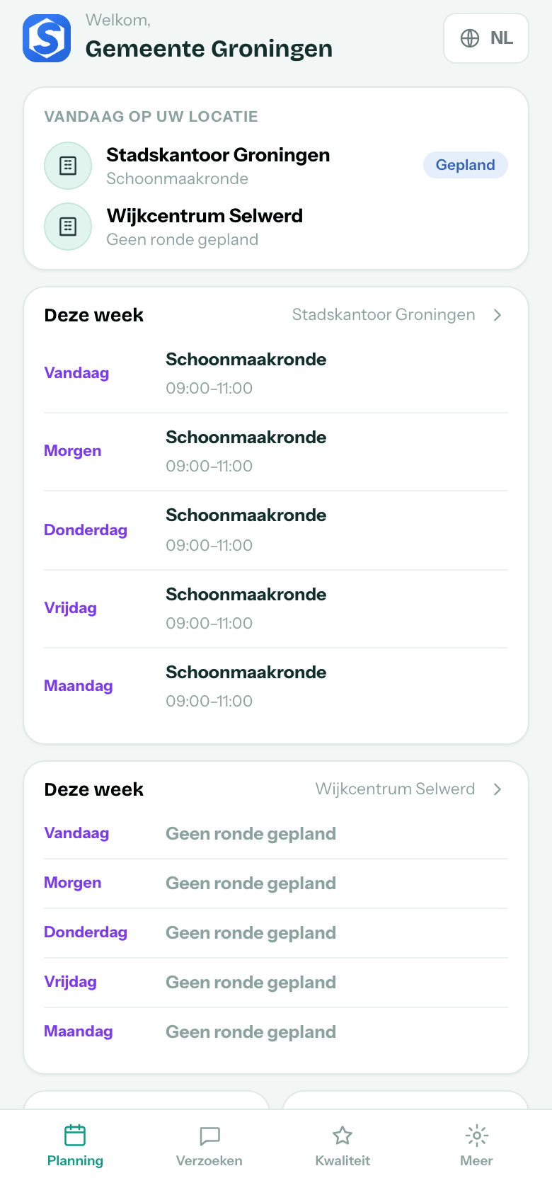 Klantportaal met de planning van een object — wat er wanneer gebeurt en wat er is uitgevoerd