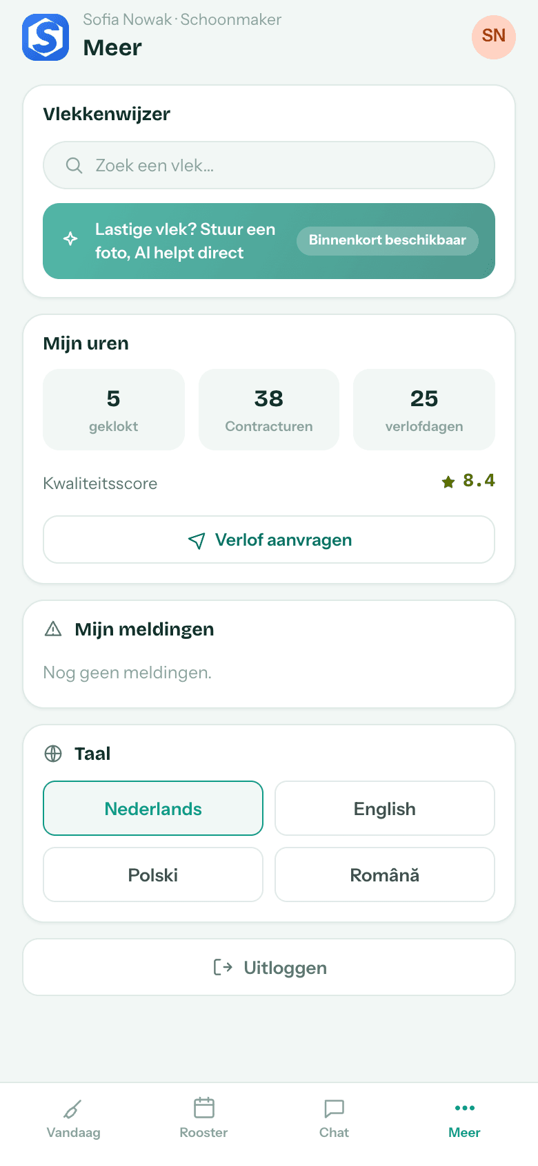 Taalkeuze in de veld-app — de vier talen zichtbaar, per medewerker in te stellen