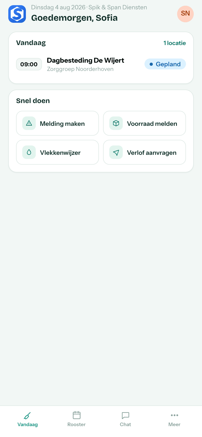 Telefoonbeeld vandaag en checklist — diensten van de dag, lopende timer en afvinkbare taken