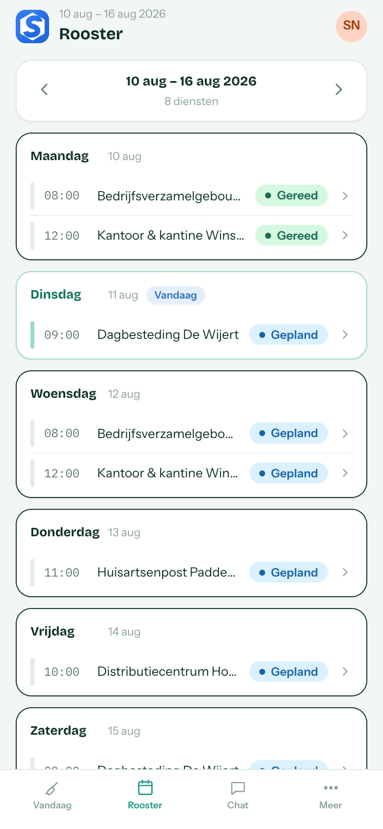 Je week in de app — per dag de diensten met tijd, locatie en status