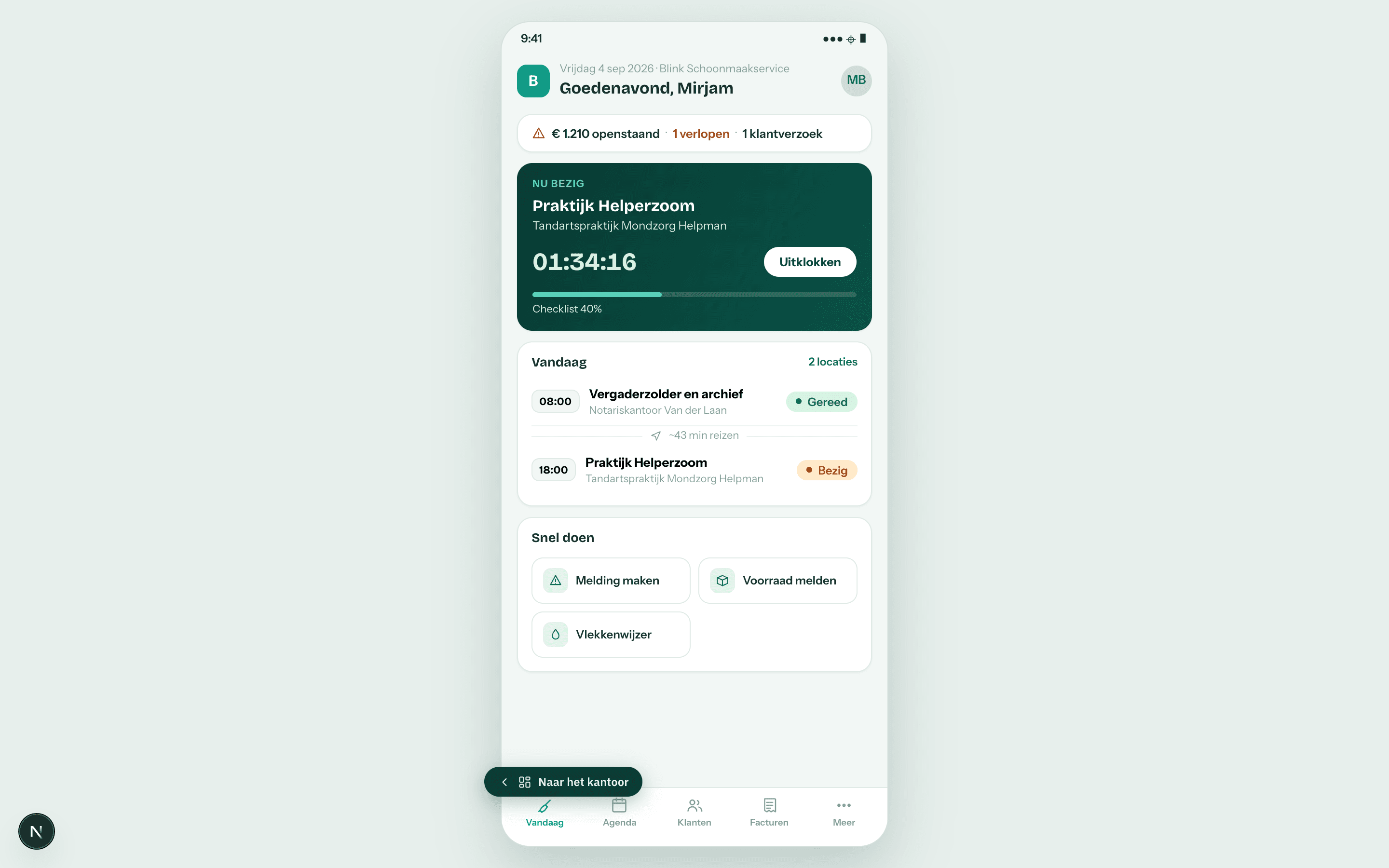 De app van een zzp’er — Vandaag, Agenda, Klanten en Facturen in één balk, met bovenaan wat er open staat